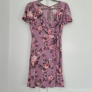 Women's Short Dress Short Sleeve Ruffle Wrap Dress, Dusty Lilac Small